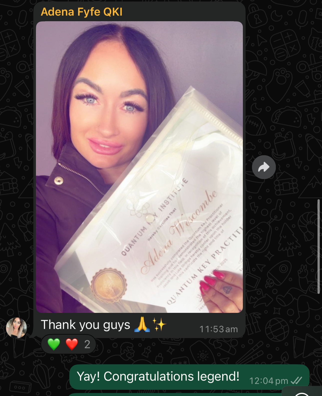 Adena Fyfe with QKI Certificate