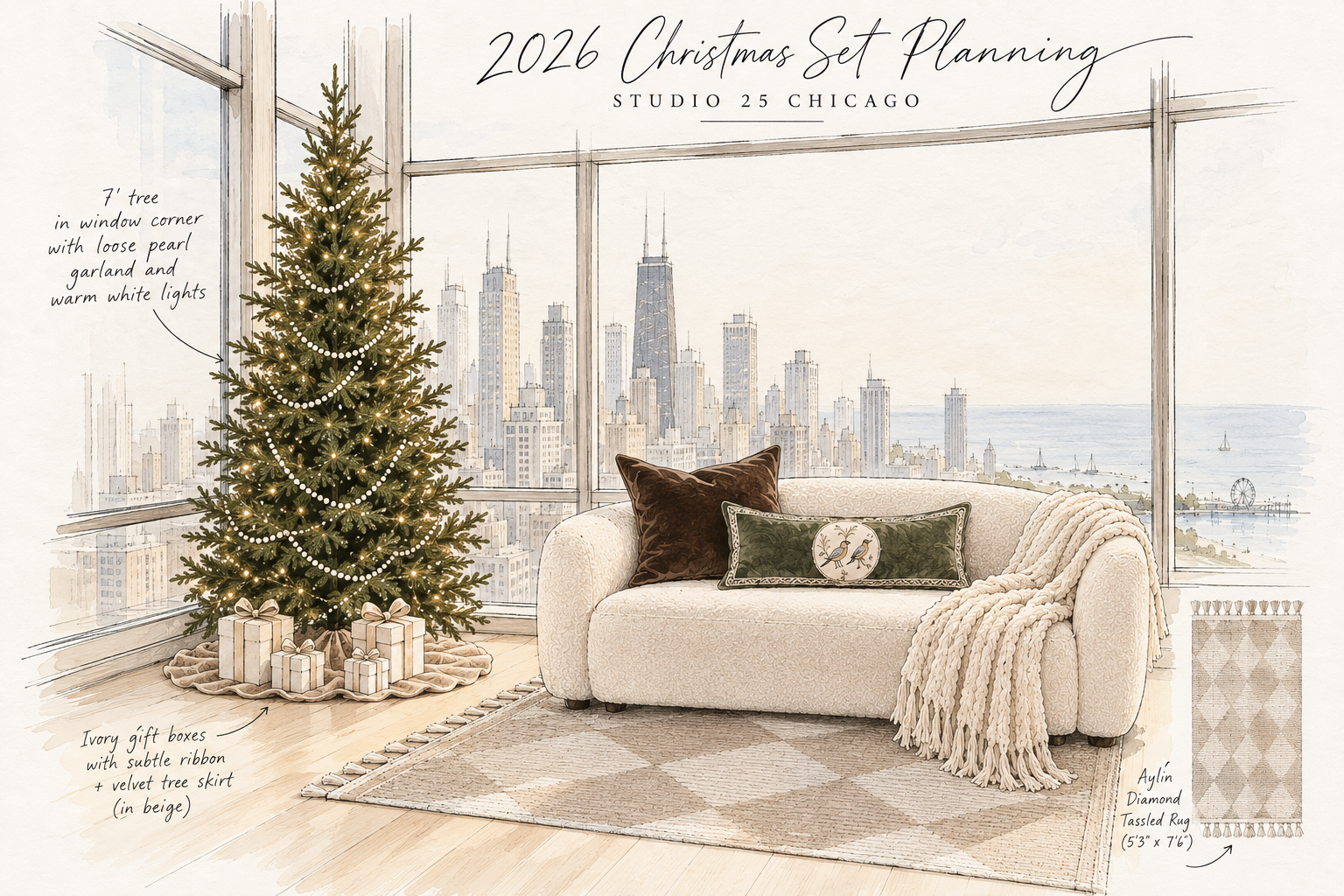 This year's Christmas set at Studio 25 Chicago: a lit tree with pearl garland beside a cream sofa, with the city skyline behind