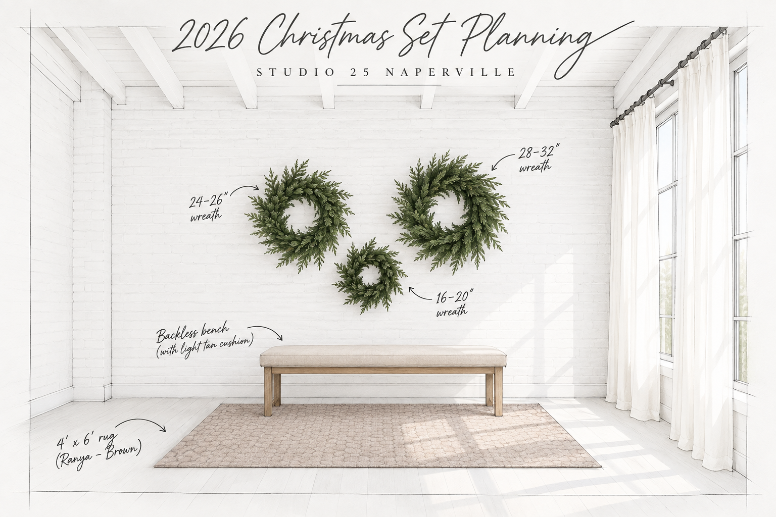 This year's Christmas set at Studio 25 Naperville: white brick, fresh evergreen and a glowing tree