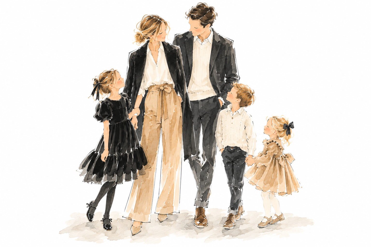 Watercolor sketch of a family in black, ivory and camel: the City Classic style from our getting-ready guide
