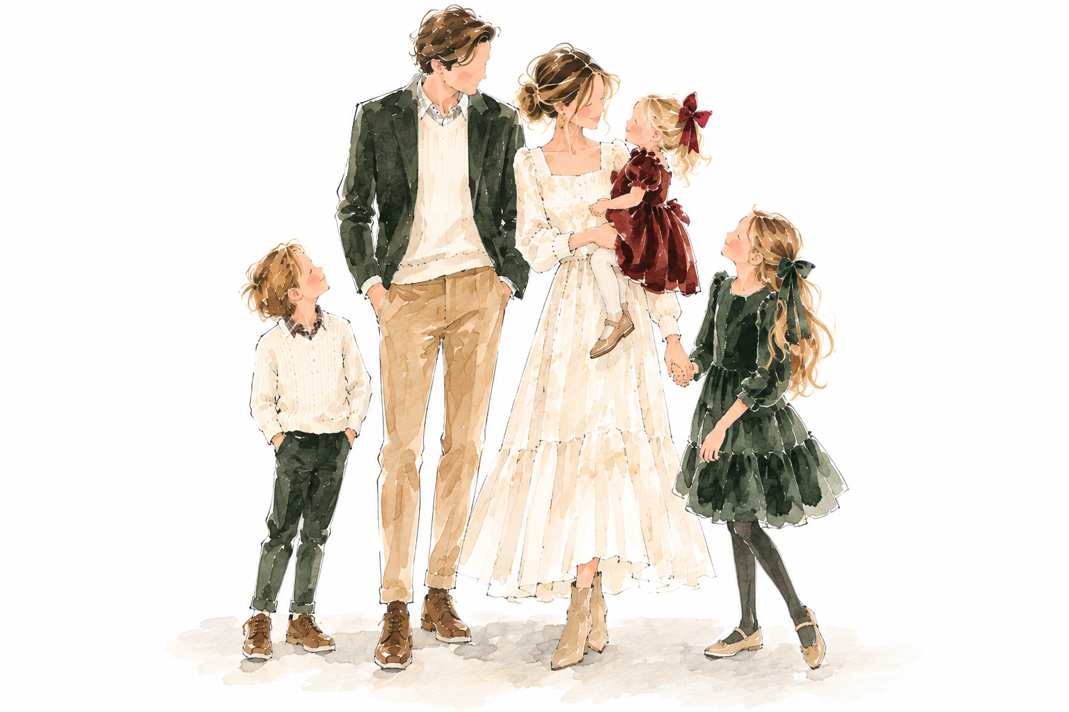Watercolor sketch of a family in deep green, cranberry, cream and camel: the Evergreen and Cranberry style from our getting-ready guide