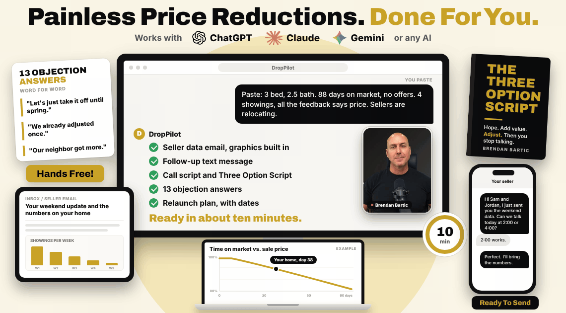 Painless Price Reductions package cards: Seller email, Text message, Call script, Objection answers