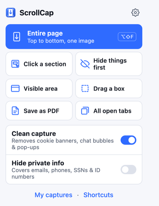 ScrollCap browser extension popup menu
