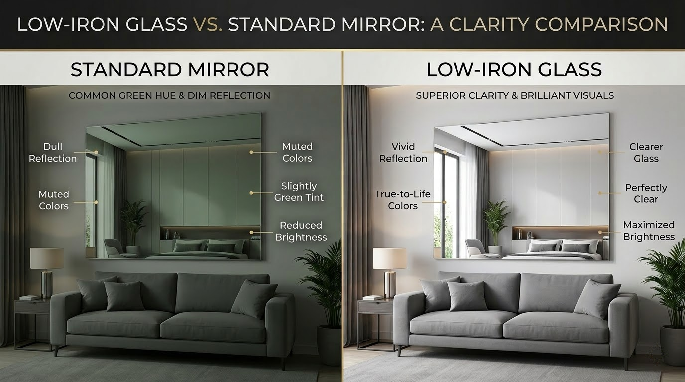 A split-screen comparison infographic. Left side labeled "Standard Mirror" shows a dull, slightly green reflection of a room. Right side labeled "Low-Iron Glass" shows a vivid, bright, and perfectly clear reflection of the same room. Use clean typography and luxury branding.