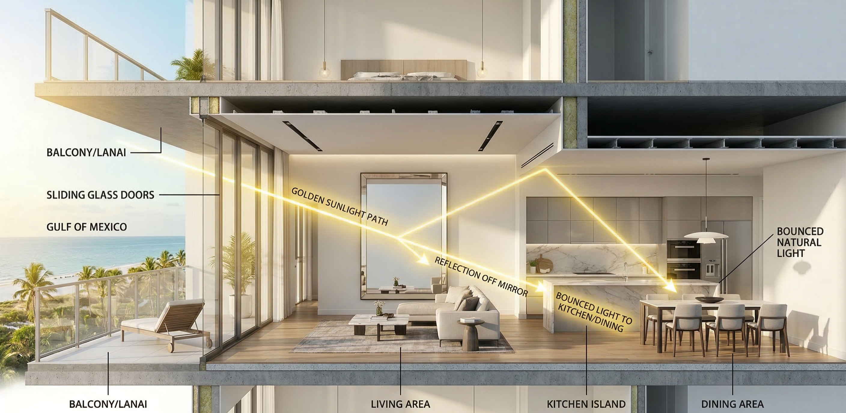A clean, high-end 3D architectural cross-section of a modern Naples condo. Show golden sunlight entering through a large glass lanai door, hitting a large wall mirror on the opposite wall, and bouncing light into the kitchen/dining area. Use glowing yellow lines to represent light paths. Style: Minimalist, architectural render, luxury interior design.