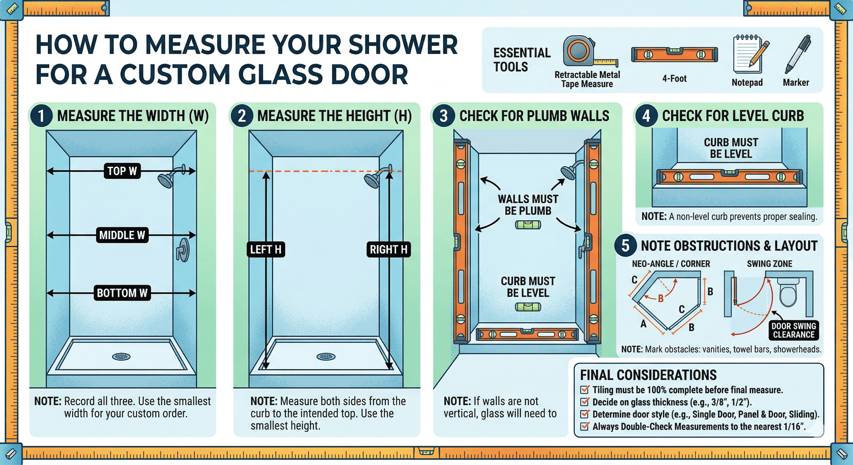 Infographic explaining how to measure shower for a Custom Glass Door