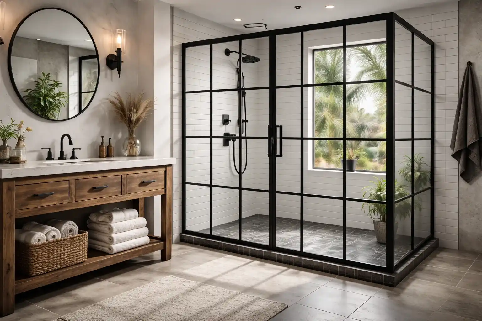 Black Grid Shower Doors & Industrial Style Design: Modernizing the Naples Bath