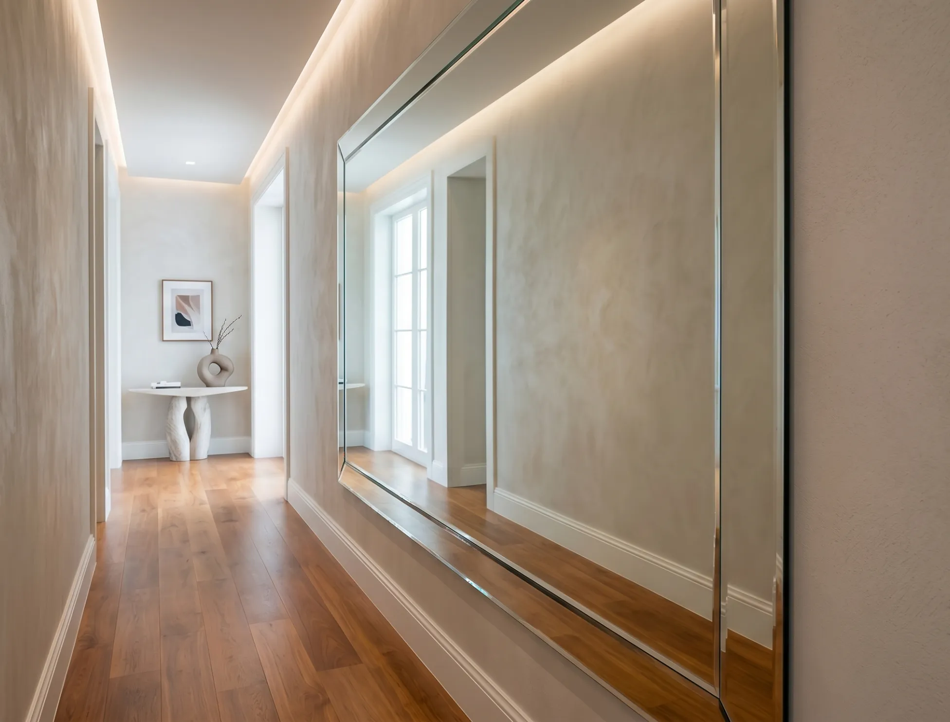 Professionally installed big hallway mirror offering superior safety and long-term value