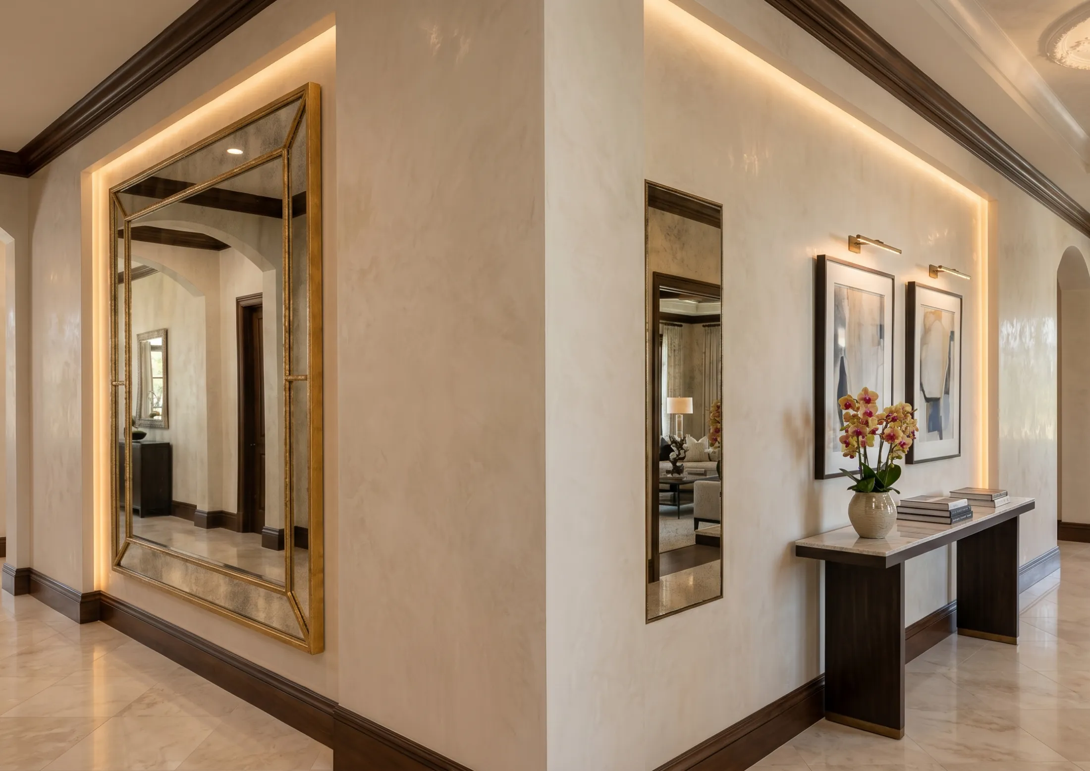 Modern hallway entrance mirror strategically placed to accentuate interior lighting