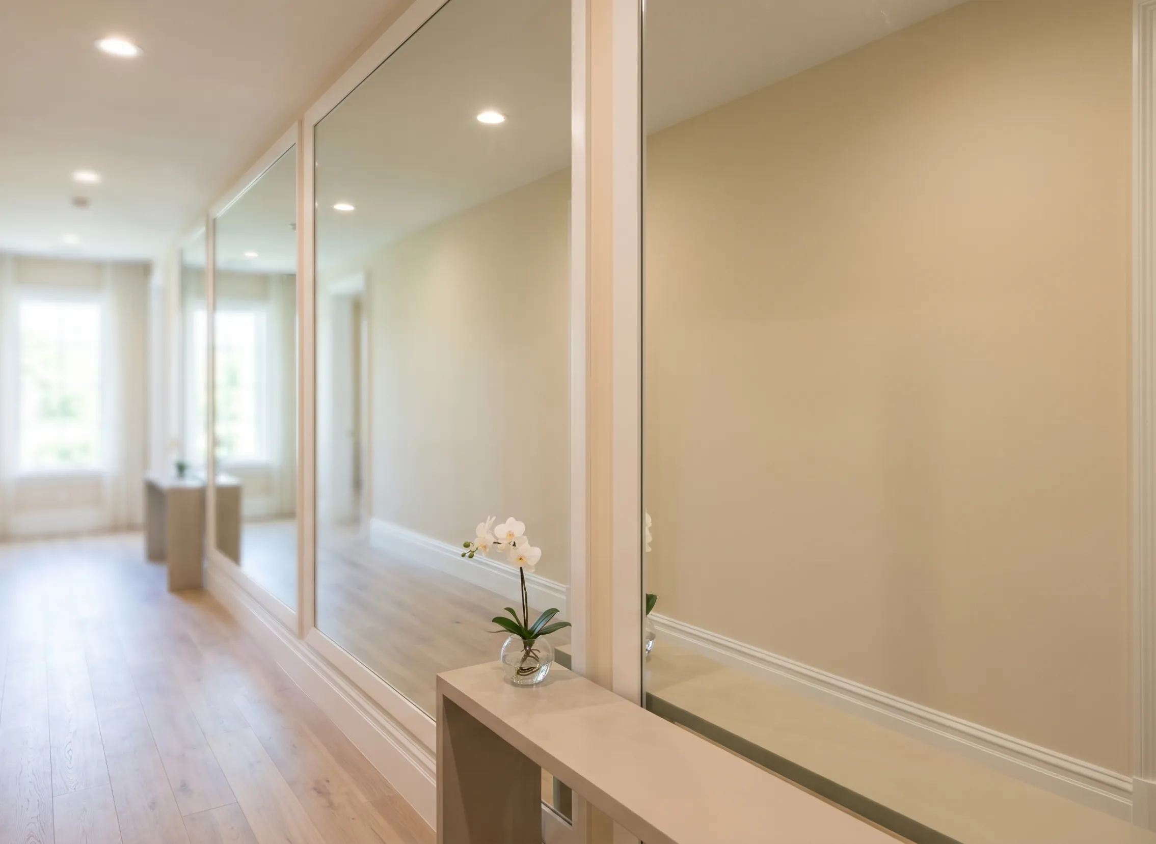 Light-enhancing big hallway mirror installed to brighten and open up narrow passages