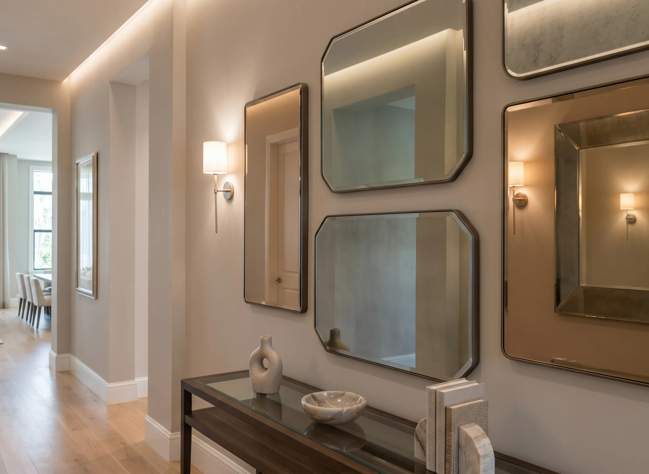 Full-scale large hallway mirror providing a seamless transition between living spaces