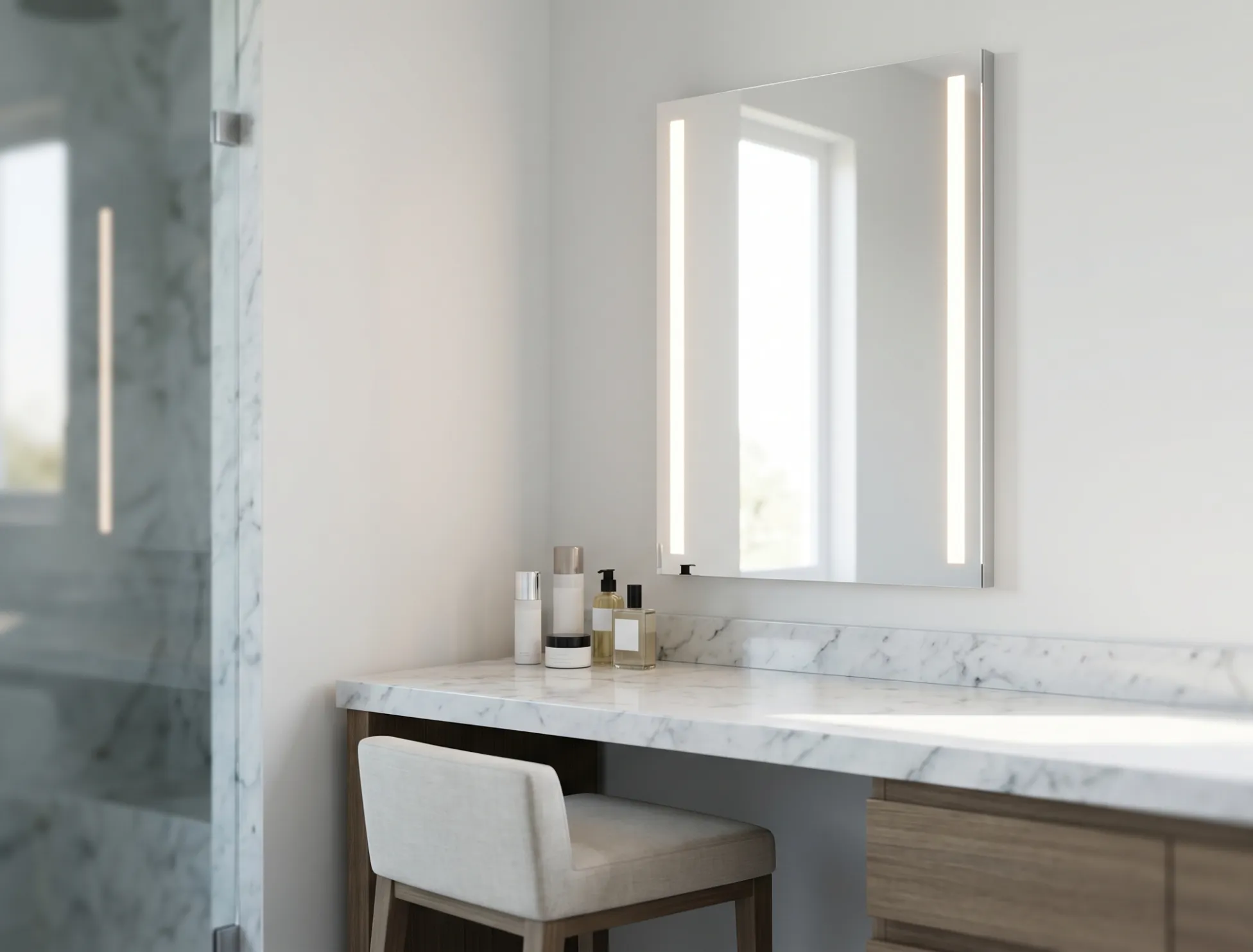 Professional makeup mirrors positioned for daily use at a contemporary Naples vanity desk