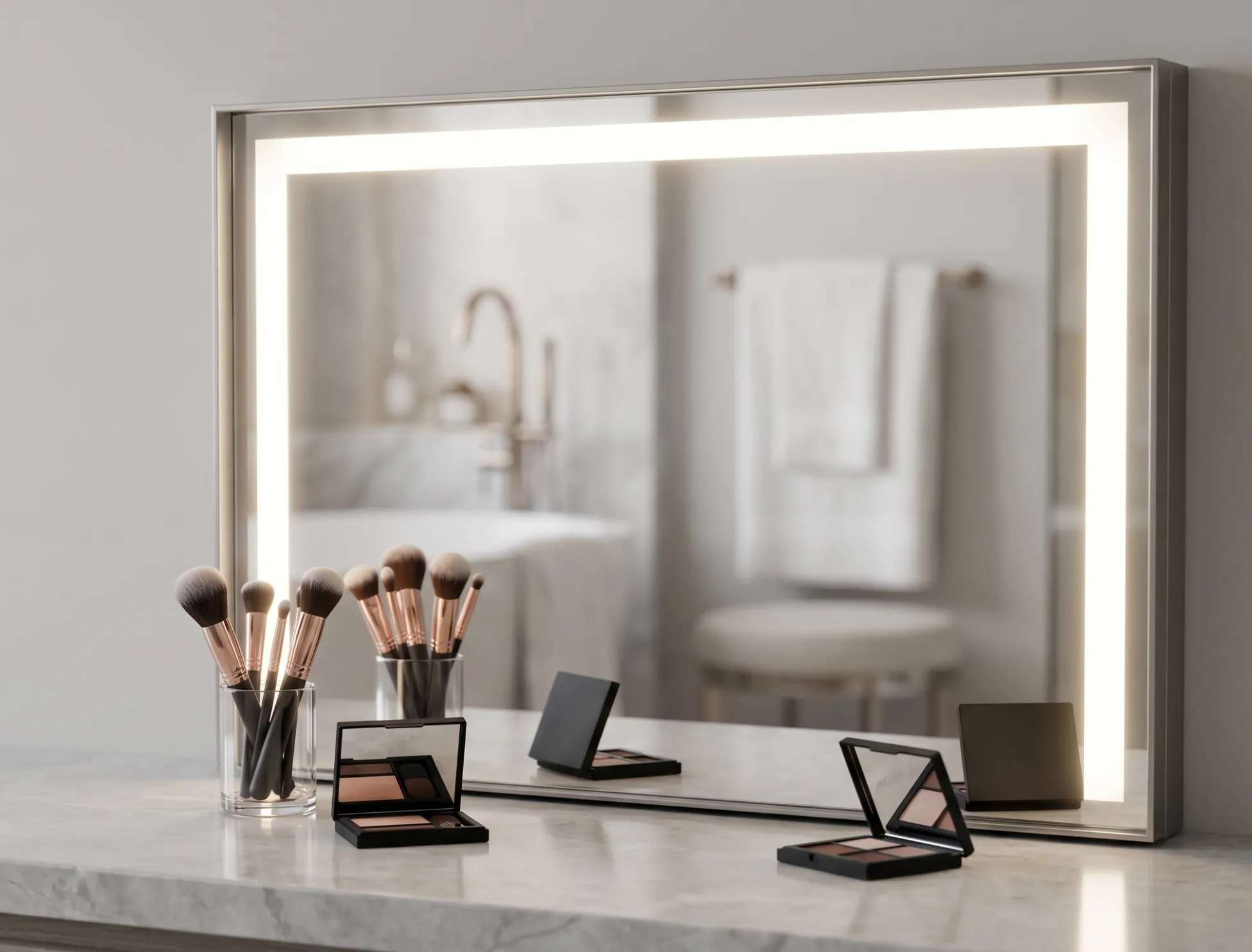 LED makeup mirror near me providing balanced lighting for facial visibility in a luxury bathroom