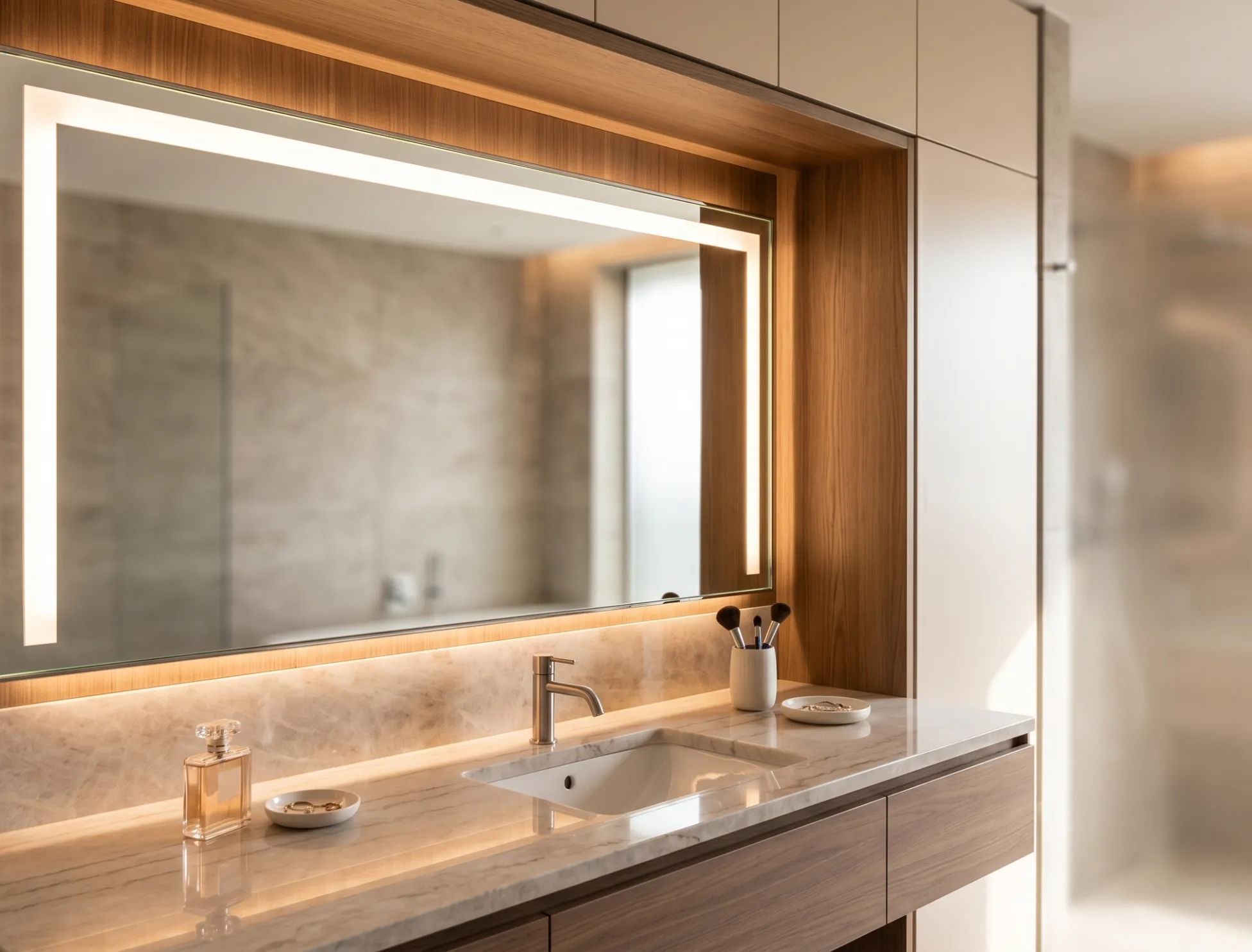 Custom-sized lighted makeup mirror near me tailored for integrated bathroom vanity designs
