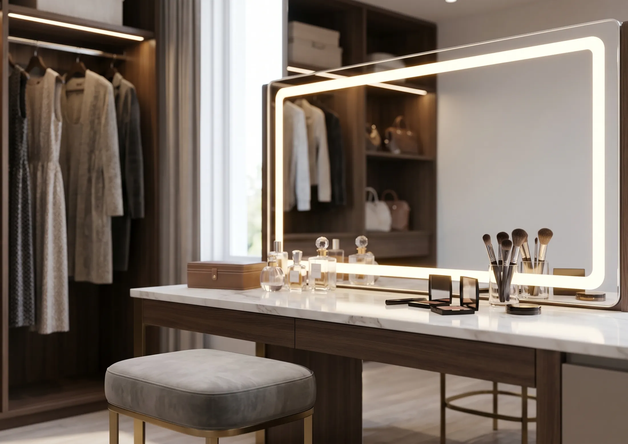 Custom-sized makeup mirror with lights near me integrated into a luxury walk-in closet