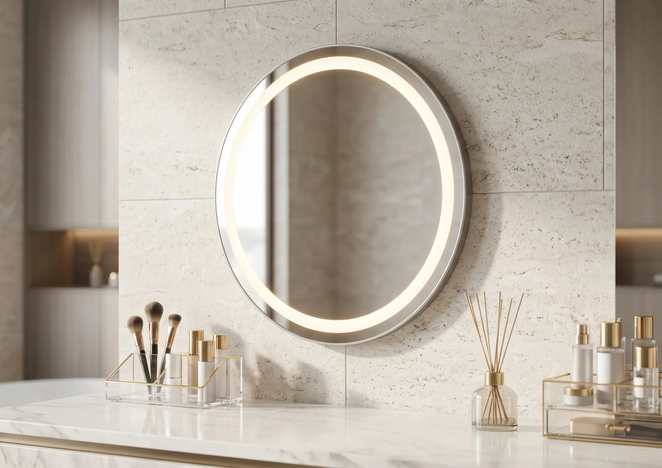 Elegant round aesthetic makeup mirrors for a sophisticated Naples bathroom vanity