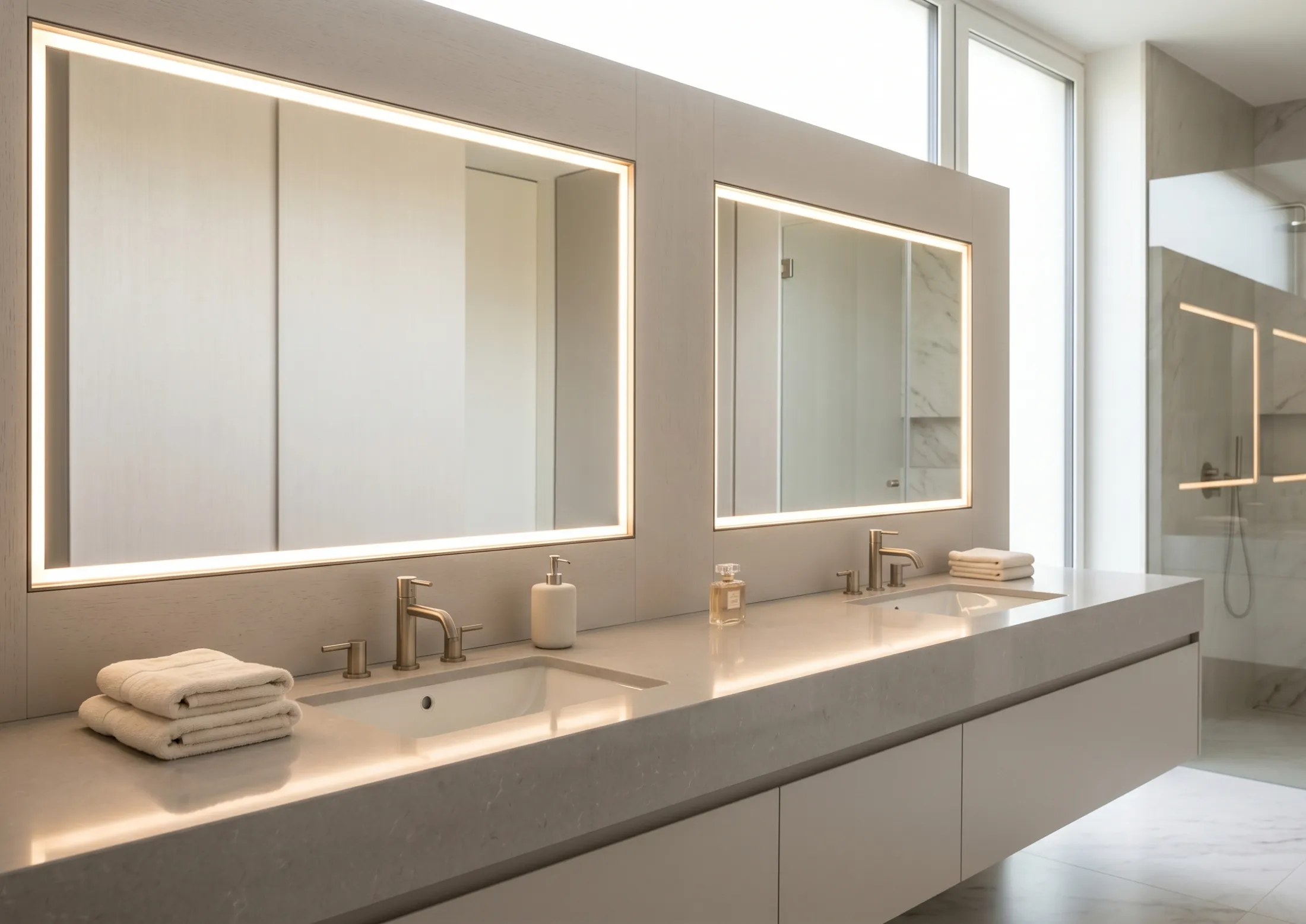 Integrated lighted makeup mirror near me for a modern dual-vanity bathroom design
