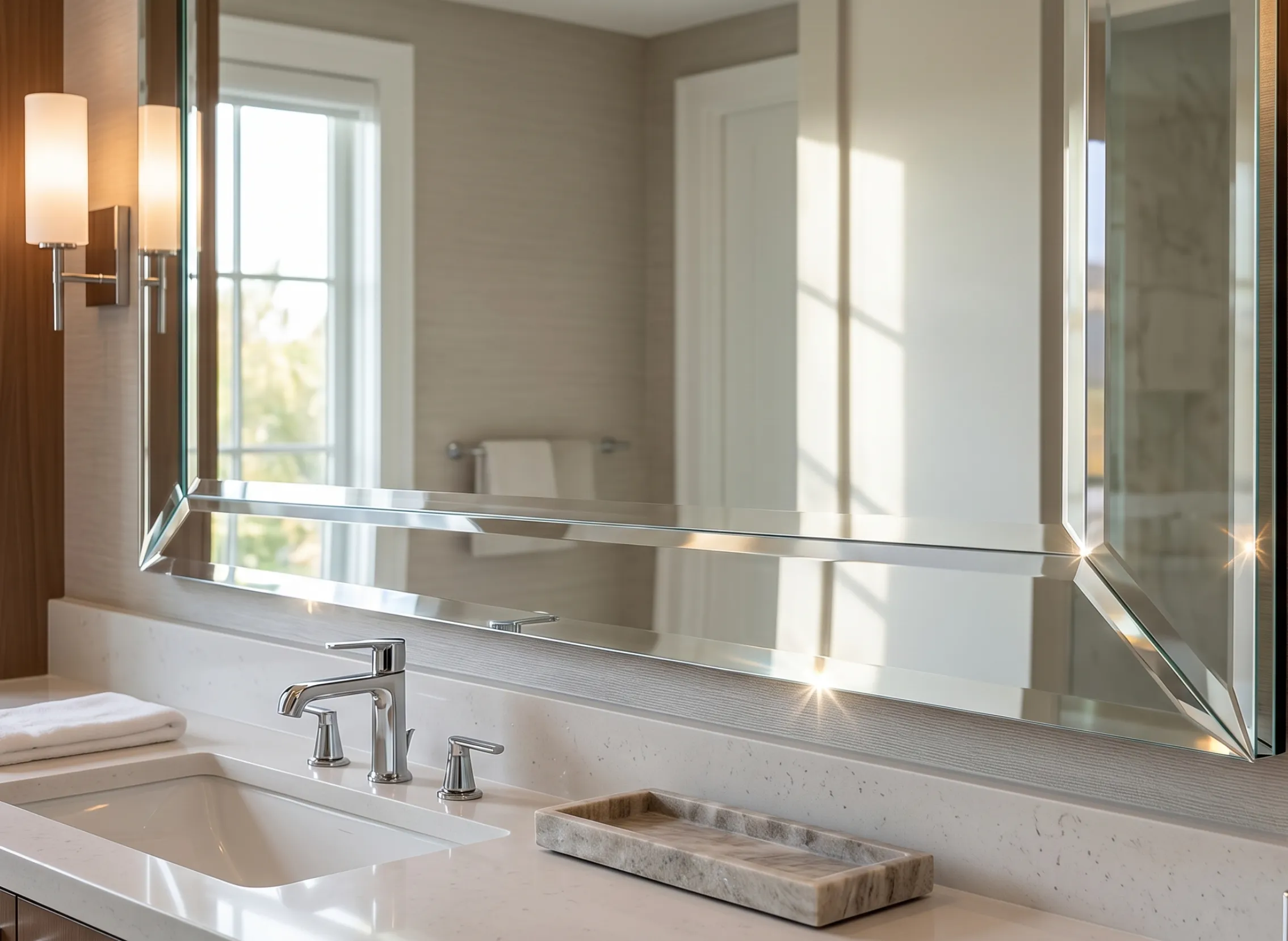 Elegant beveled edge vanity mirrors near me for a luxury master bathroom suite