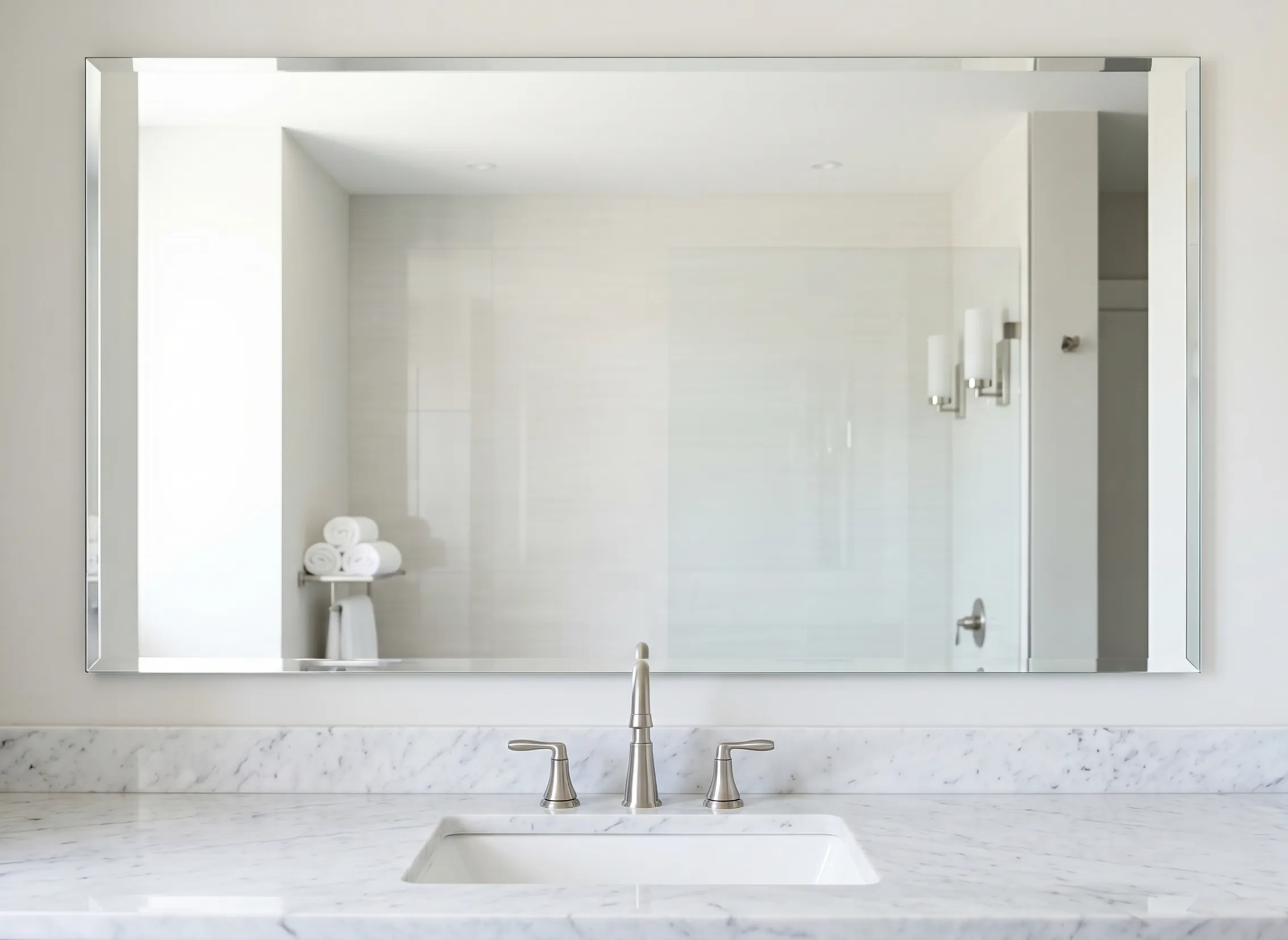 Clarity-focused bathroom vanity and mirror for a minimalist, clean aesthetic
