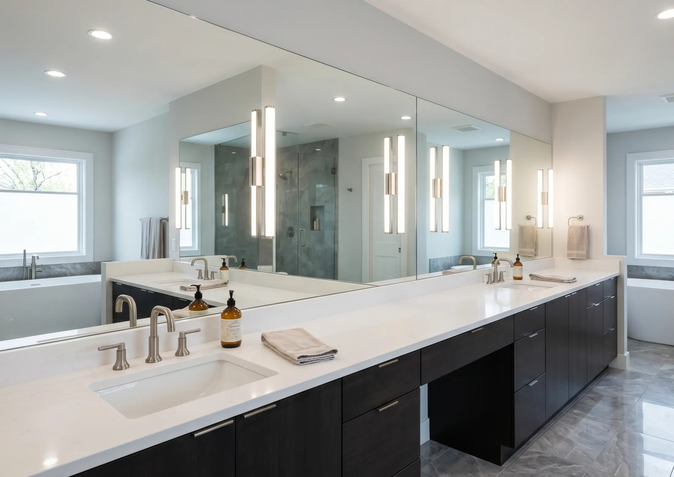 Expansive full-wall vanity mirrors near me to brighten and enlarge bathroom spaces