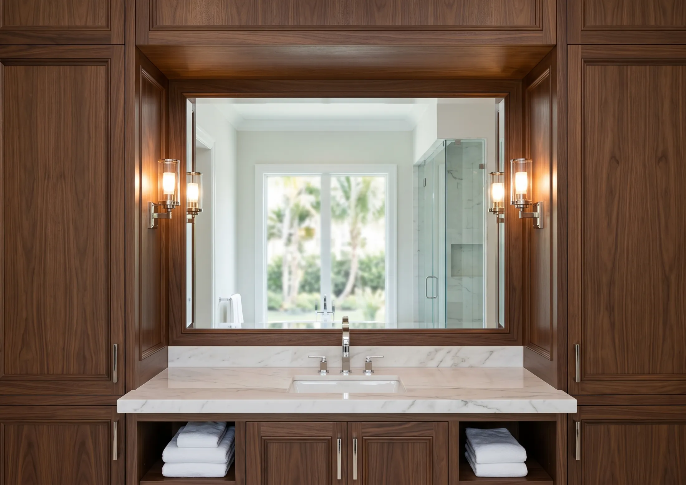Luxury vanity with mirror near me seamlessly integrated into custom bathroom cabinetry in a Naples, Florida home