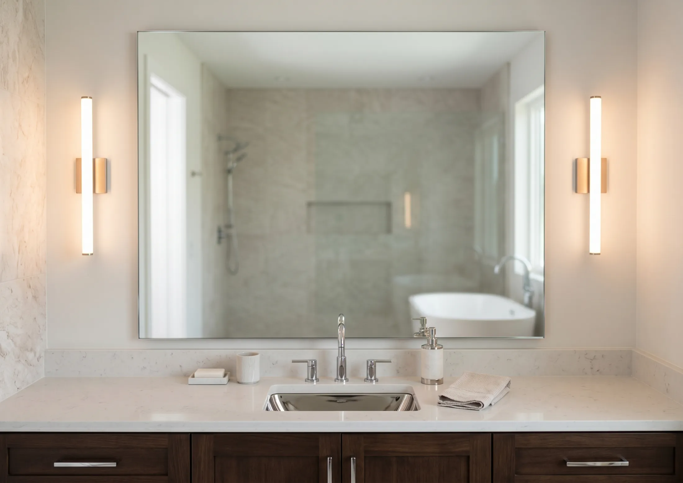 Single bathroom vanity and mirror installation in a modern guest bath or powder room