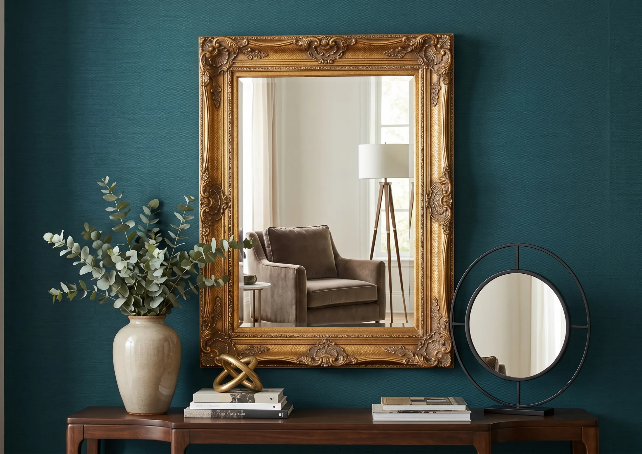 Sophisticated custom framed wall mirrors acting as a focal point on an accent wall