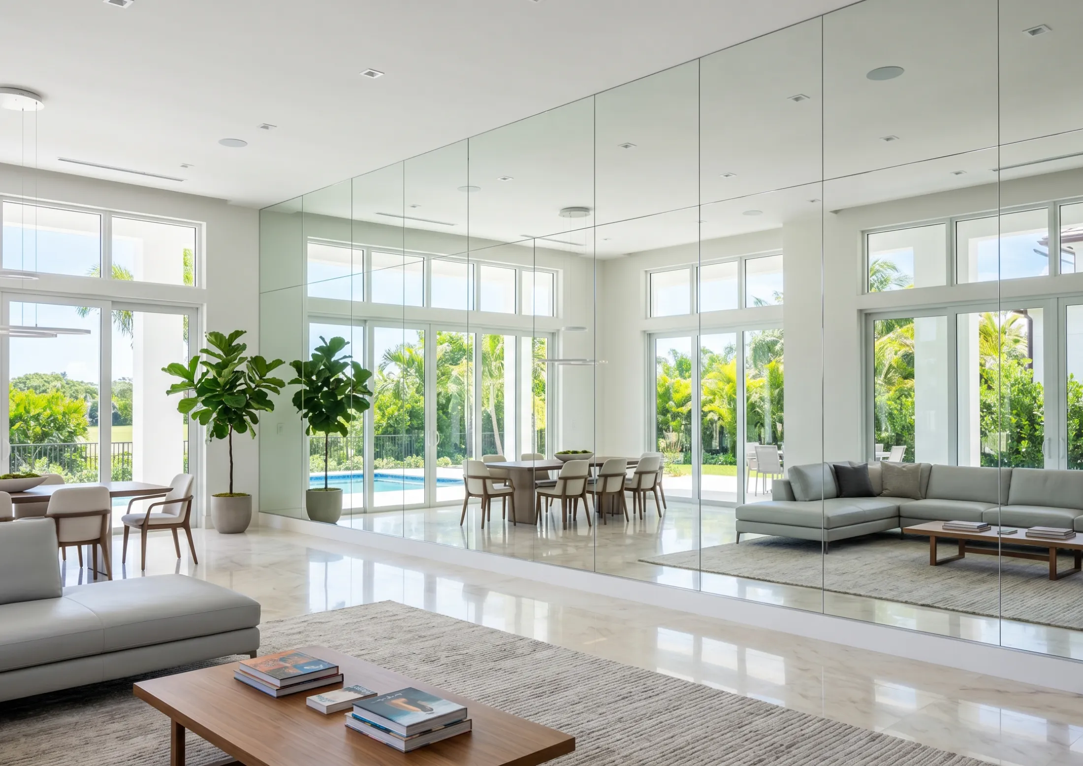 Expansive custom full wall mirrors creating an impressive sense of space in an open-concept home