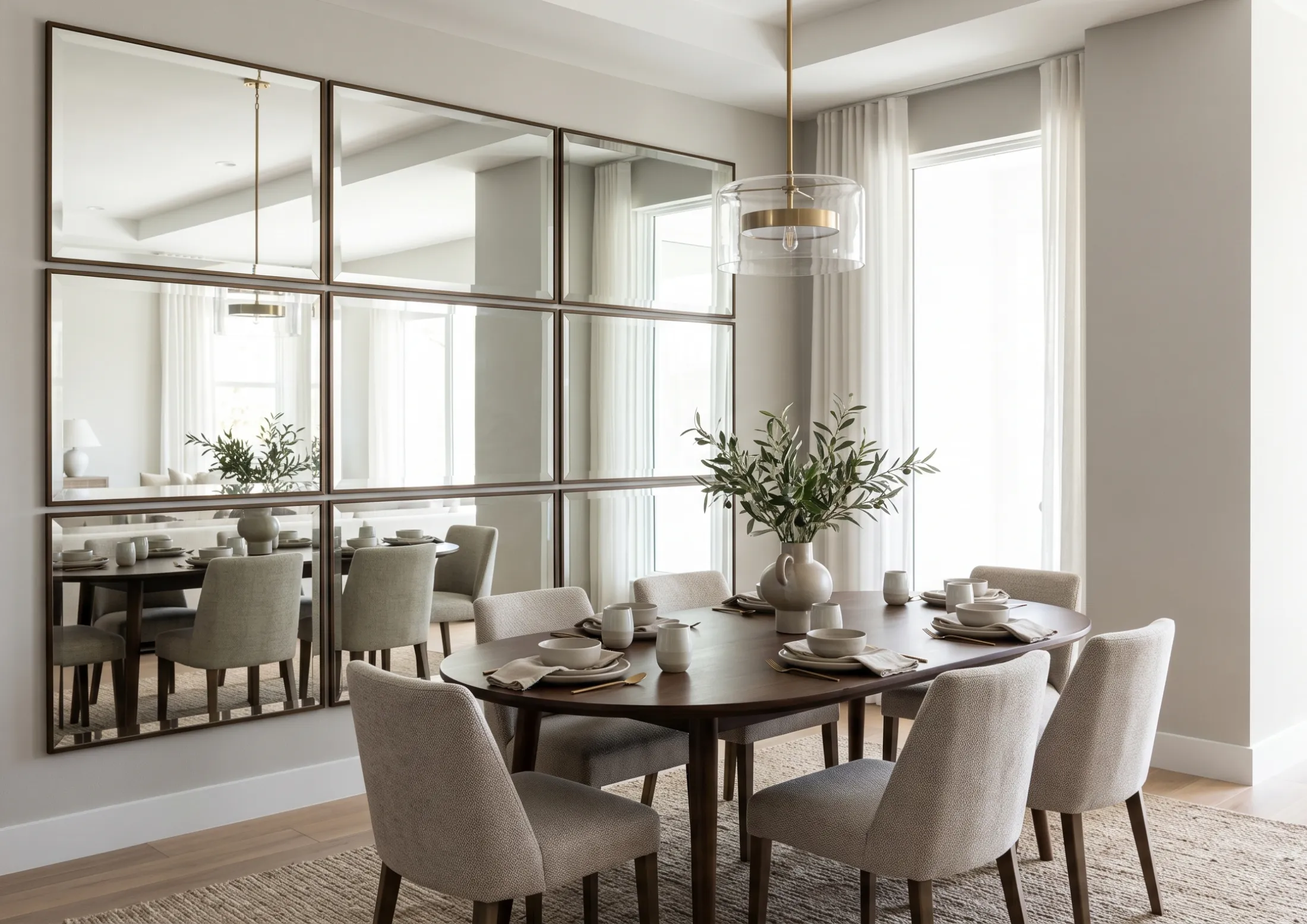 Decorative grid-style custom mirror for wall enhancing a modern dining room