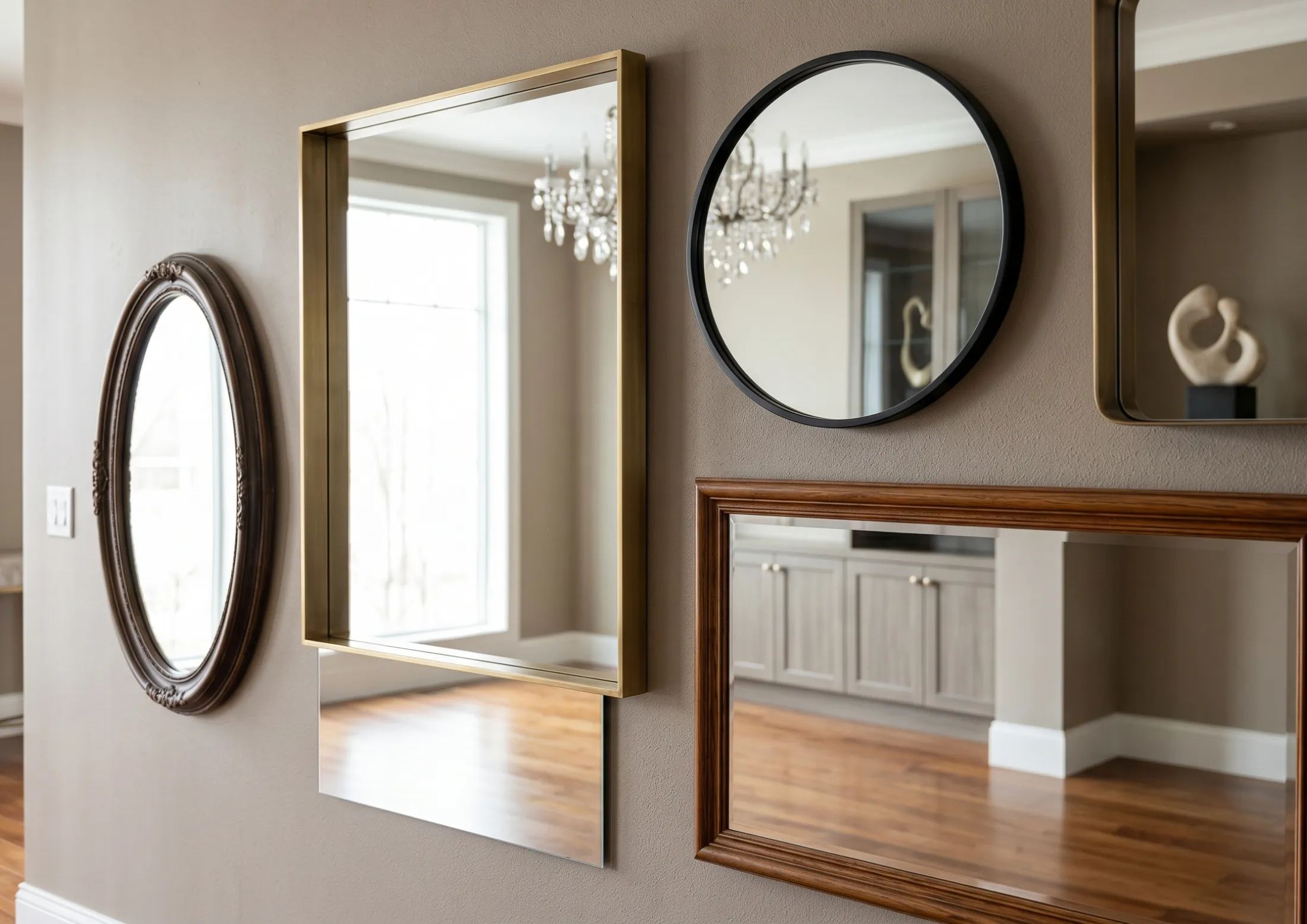 Collection of ovoid and circular custom framed wall mirrors for an artistic wall display