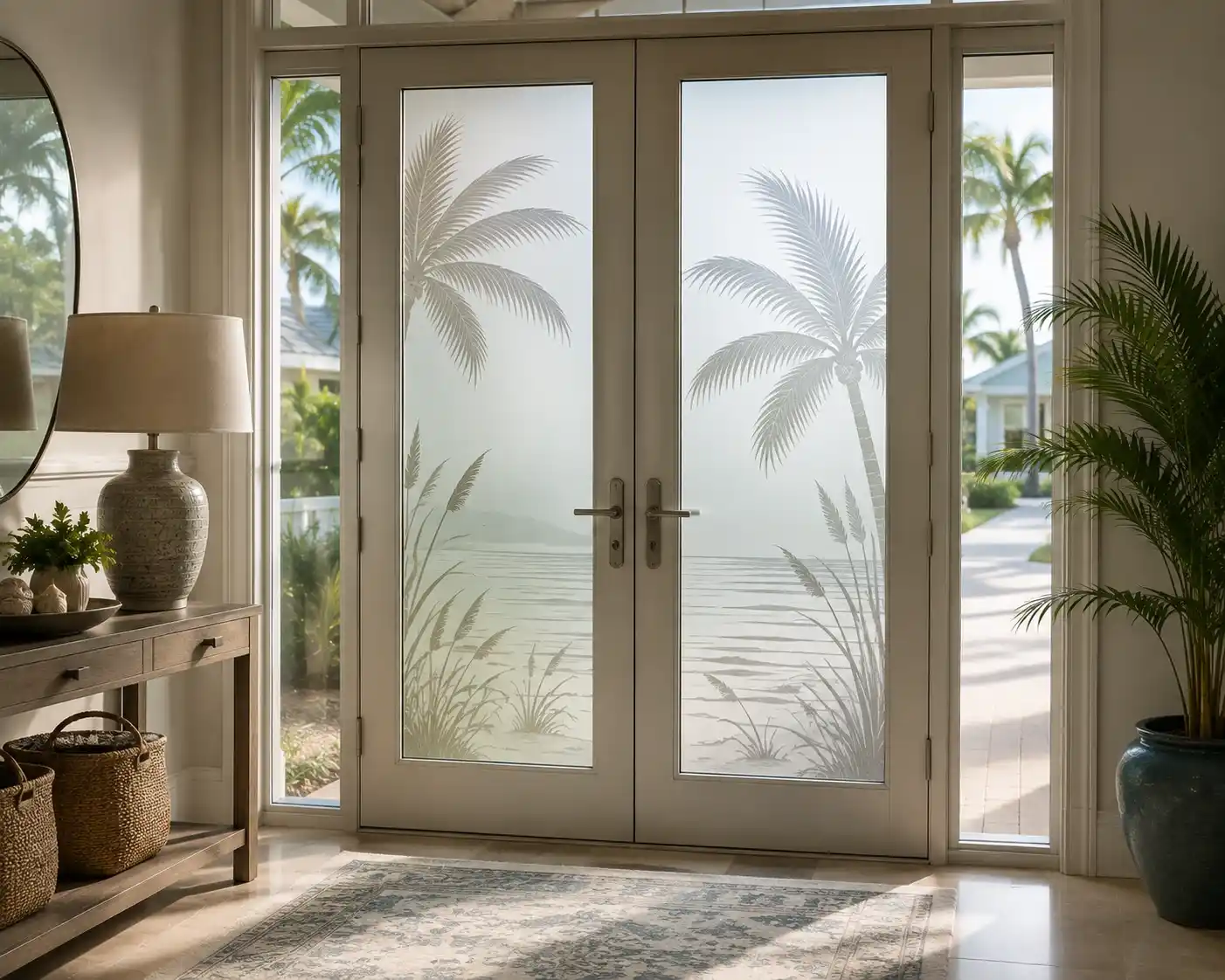 Sanibel Island Entry Glass: Custom Sandblasted Privacy for Entryways