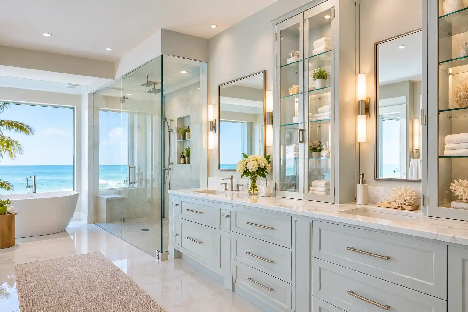 Captiva Island Custom Glass Cabinets for Luxury Beach Estate Bathrooms