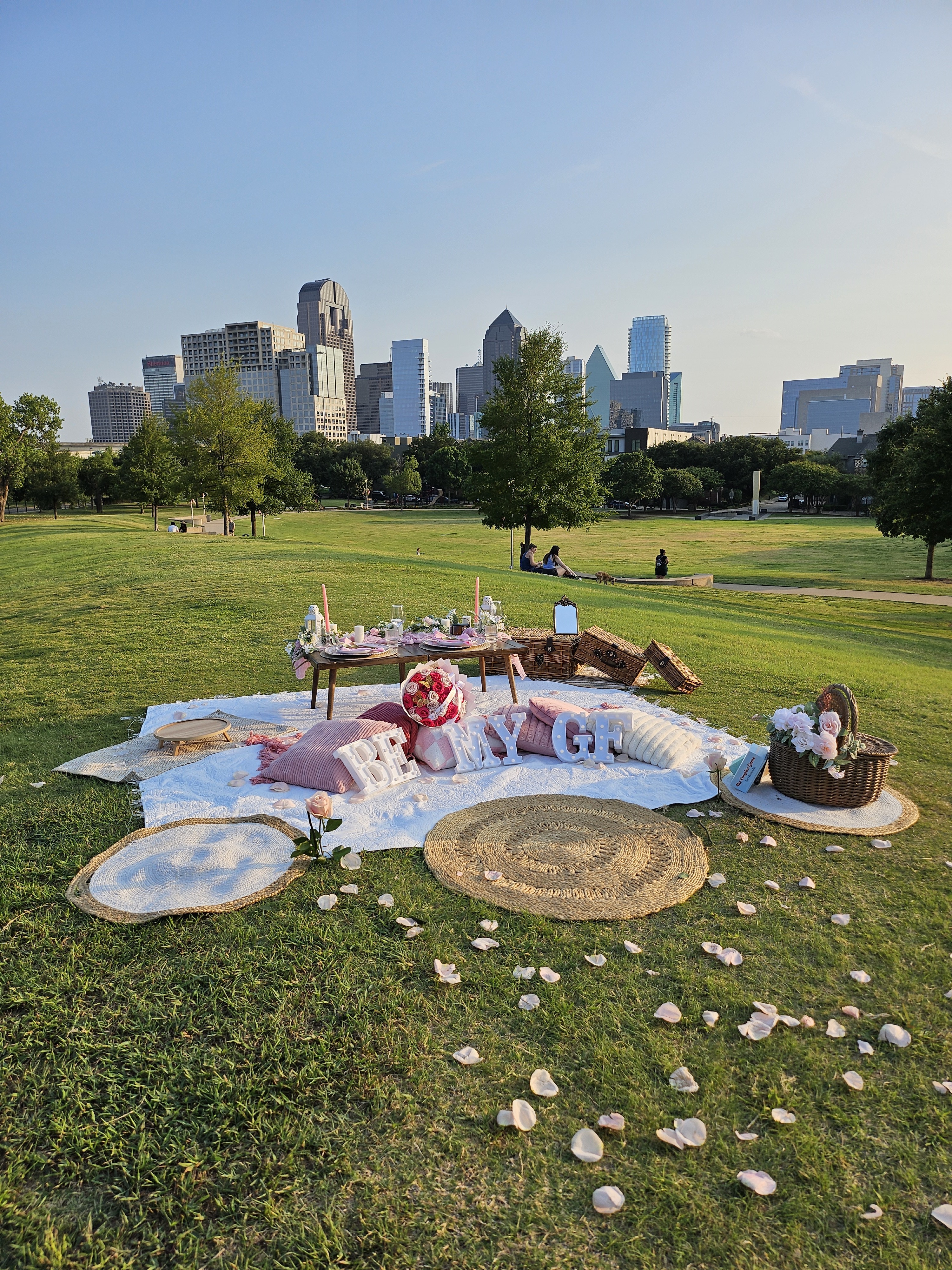 Be My GF picnic setup with Dallas skyline