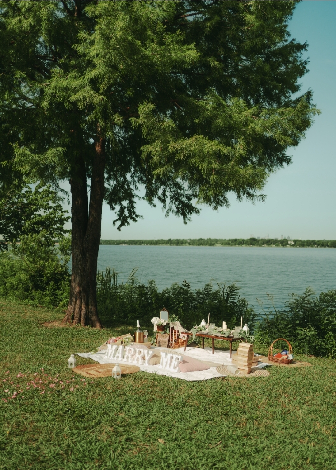 Proposal picnic with MARRY ME letters by the lake