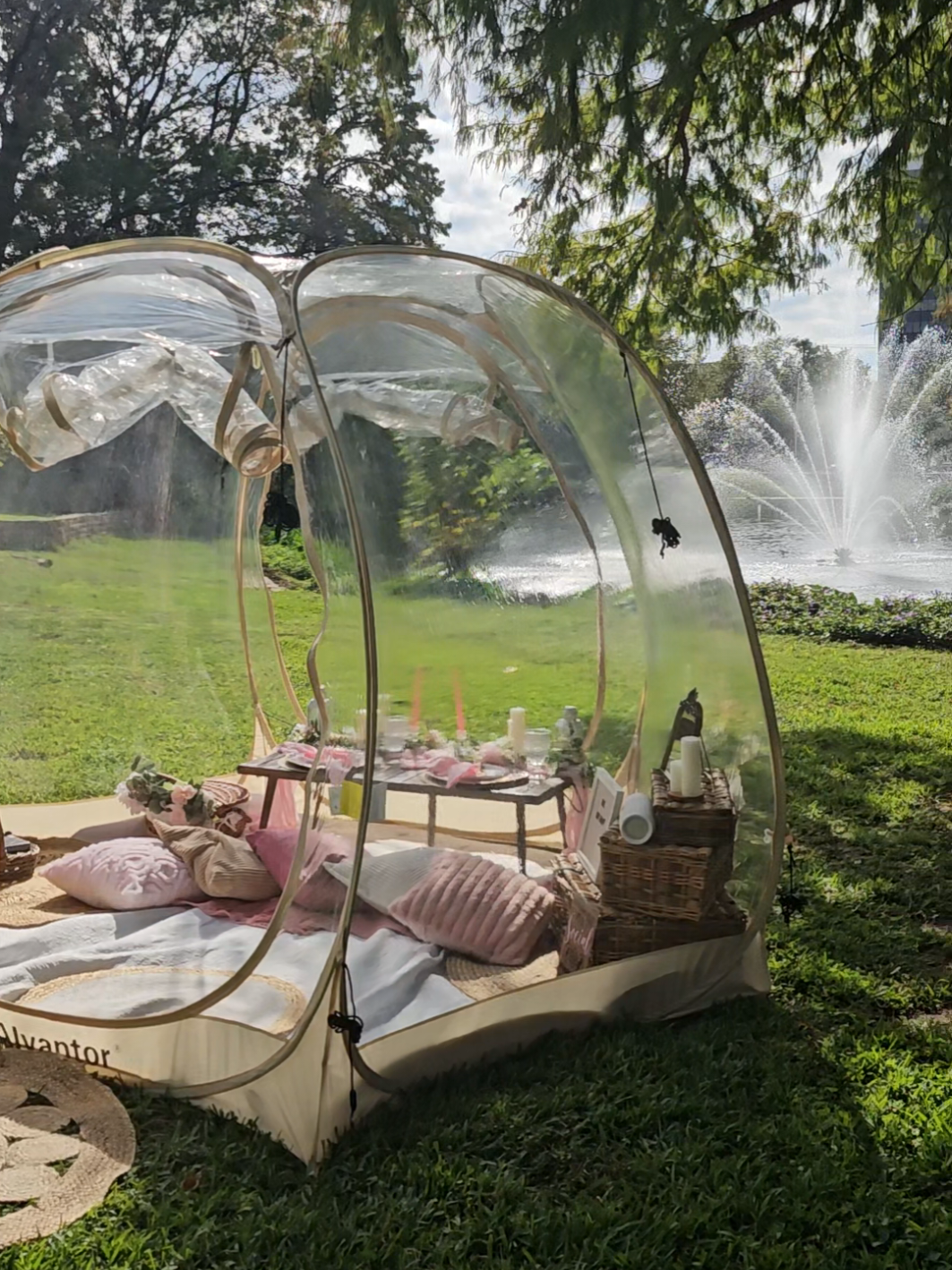 Bubble dome luxury picnic setup by the lake