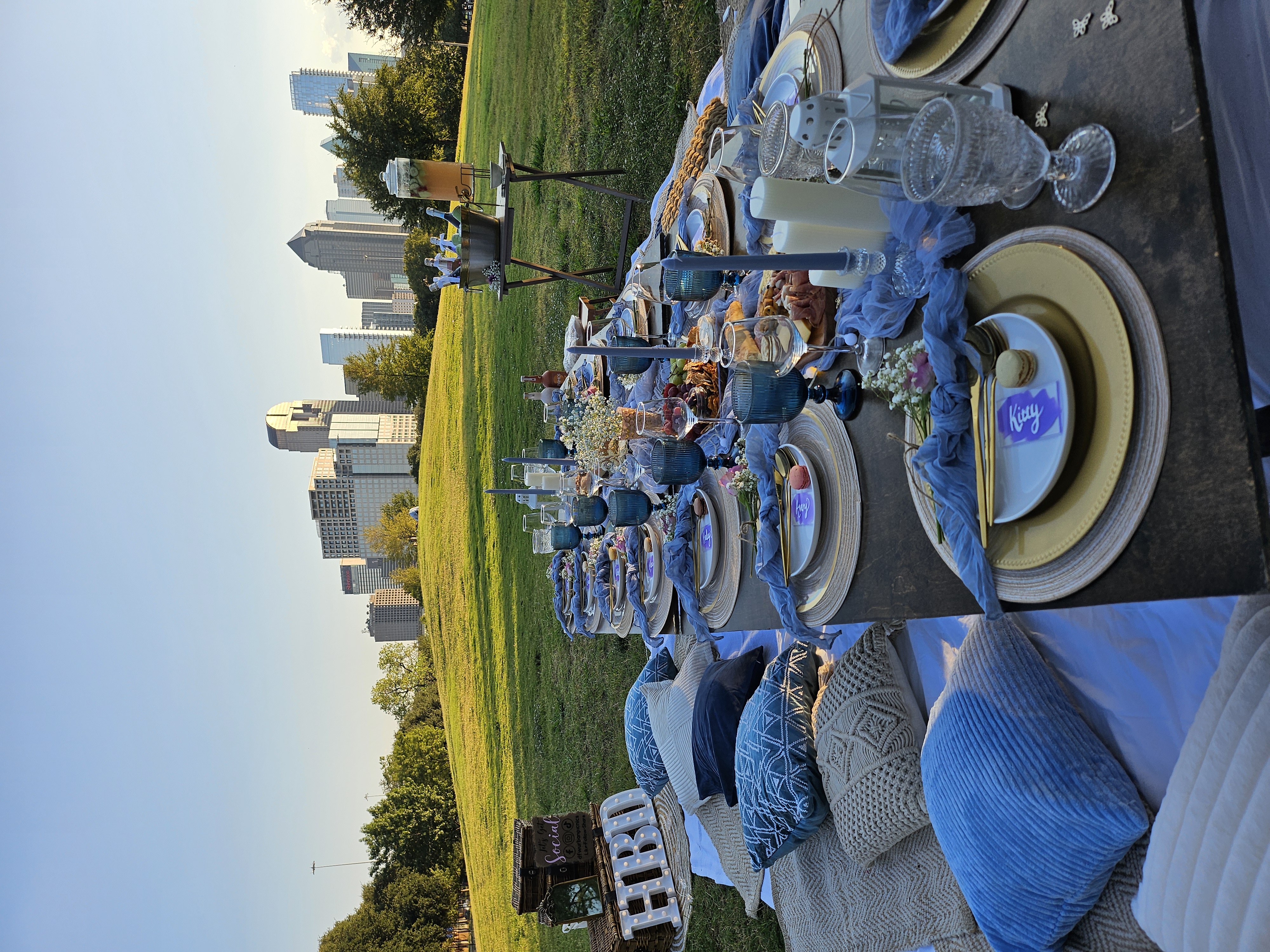Dusty blue birthday picnic with skyline backdrop