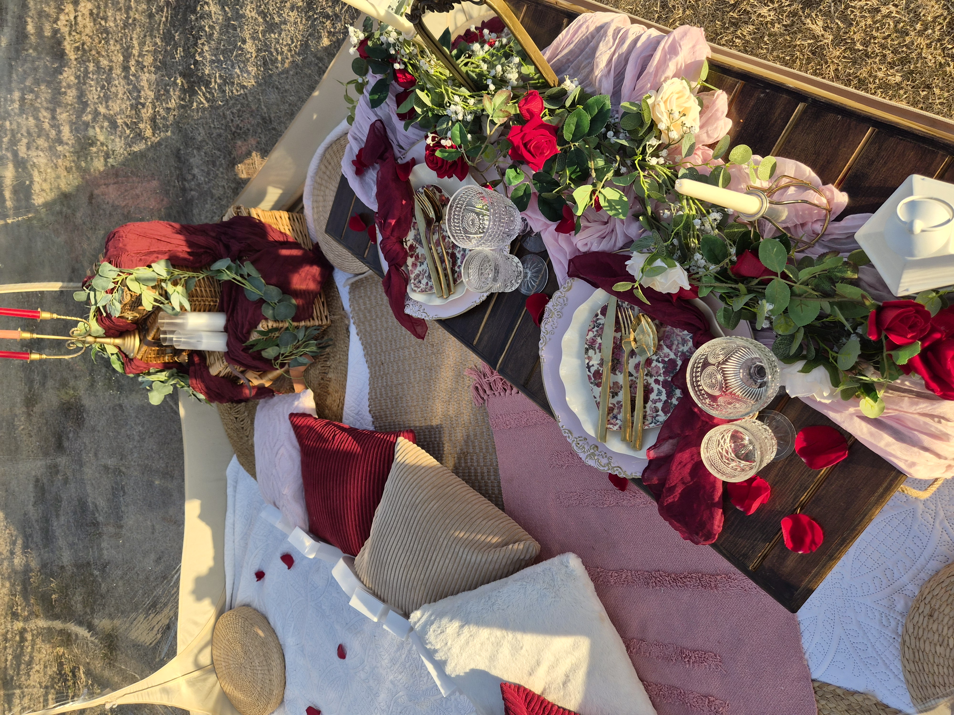 Burgundy red anniversary tablescape with roses