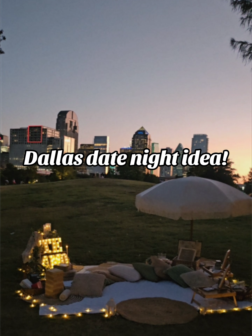 Dallas skyline date-night picnic setup at dusk