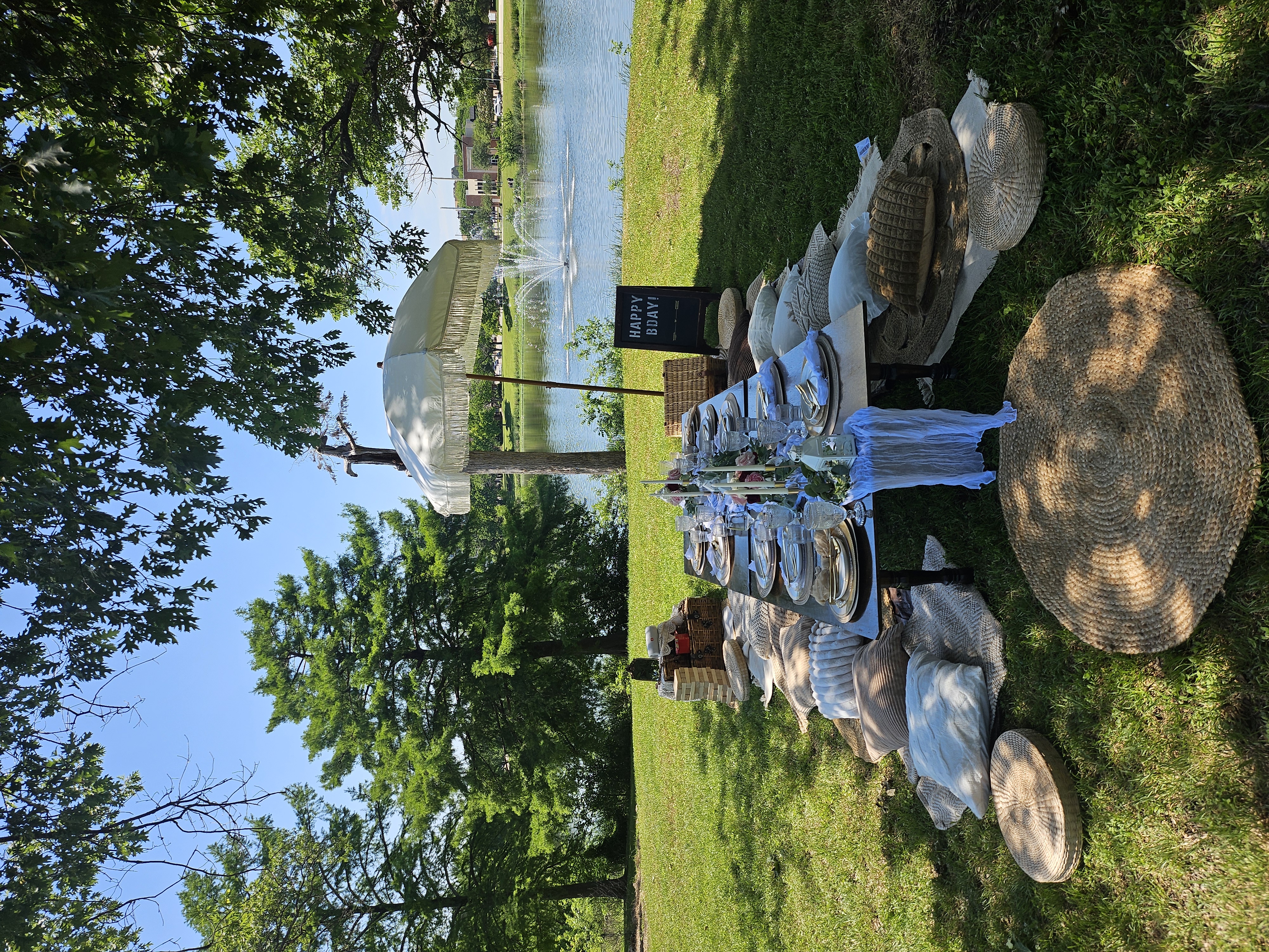 Lakeside proposal picnic with MARRY ME letters