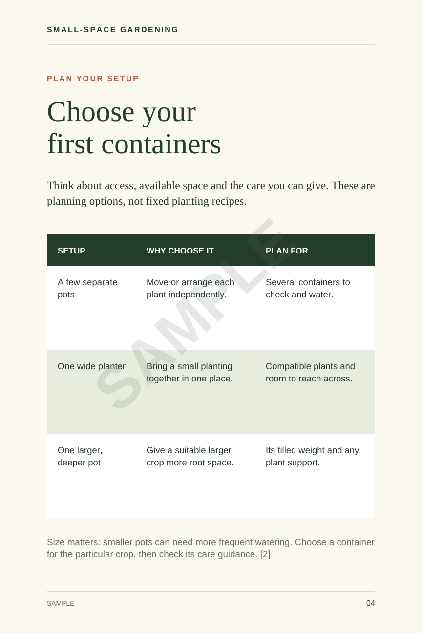 Samples — Small-Space Gardening — Comparison Table