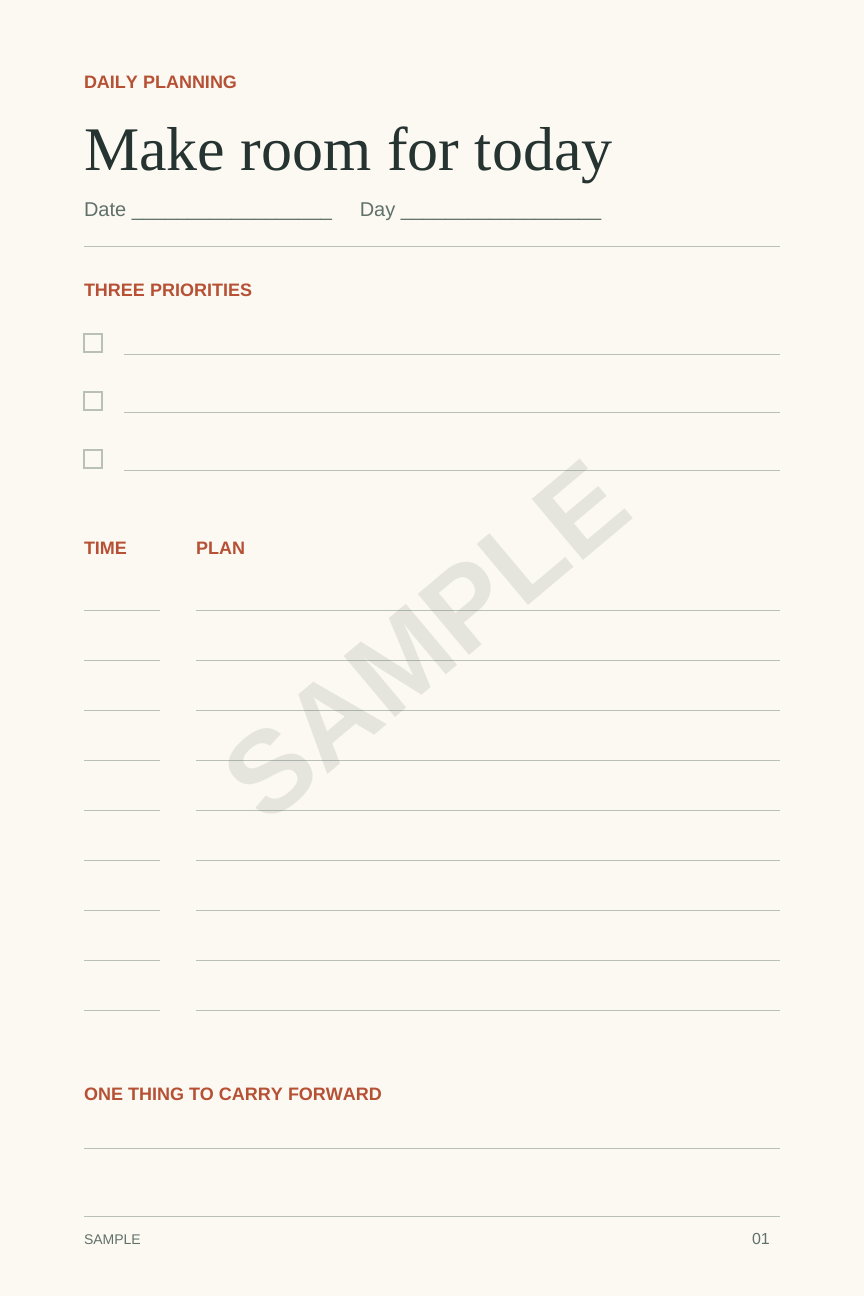 Samples — Room for the Day — Daily Plan