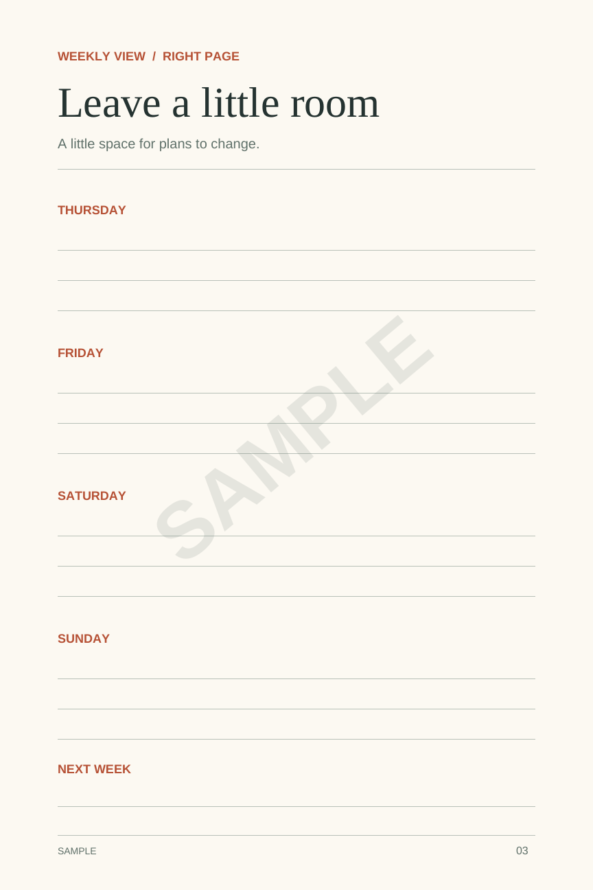 Samples — Room for the Day — Weekly Right