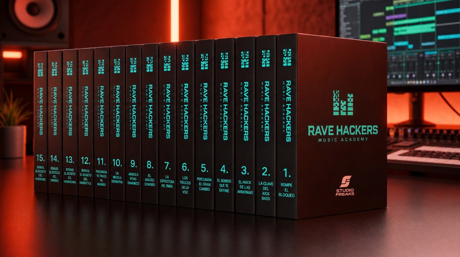 Colección visual de los 15 módulos de Rave Hackers Music Academy