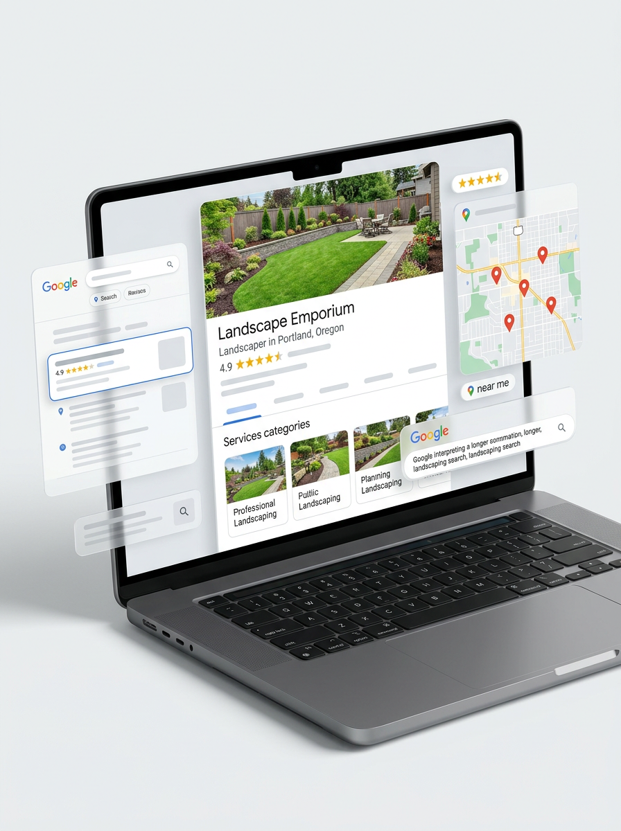A beautifully landscaped yard in the Pacific Northwest. 5 star reviews from happy clients in simple graphics along the stone walkway.