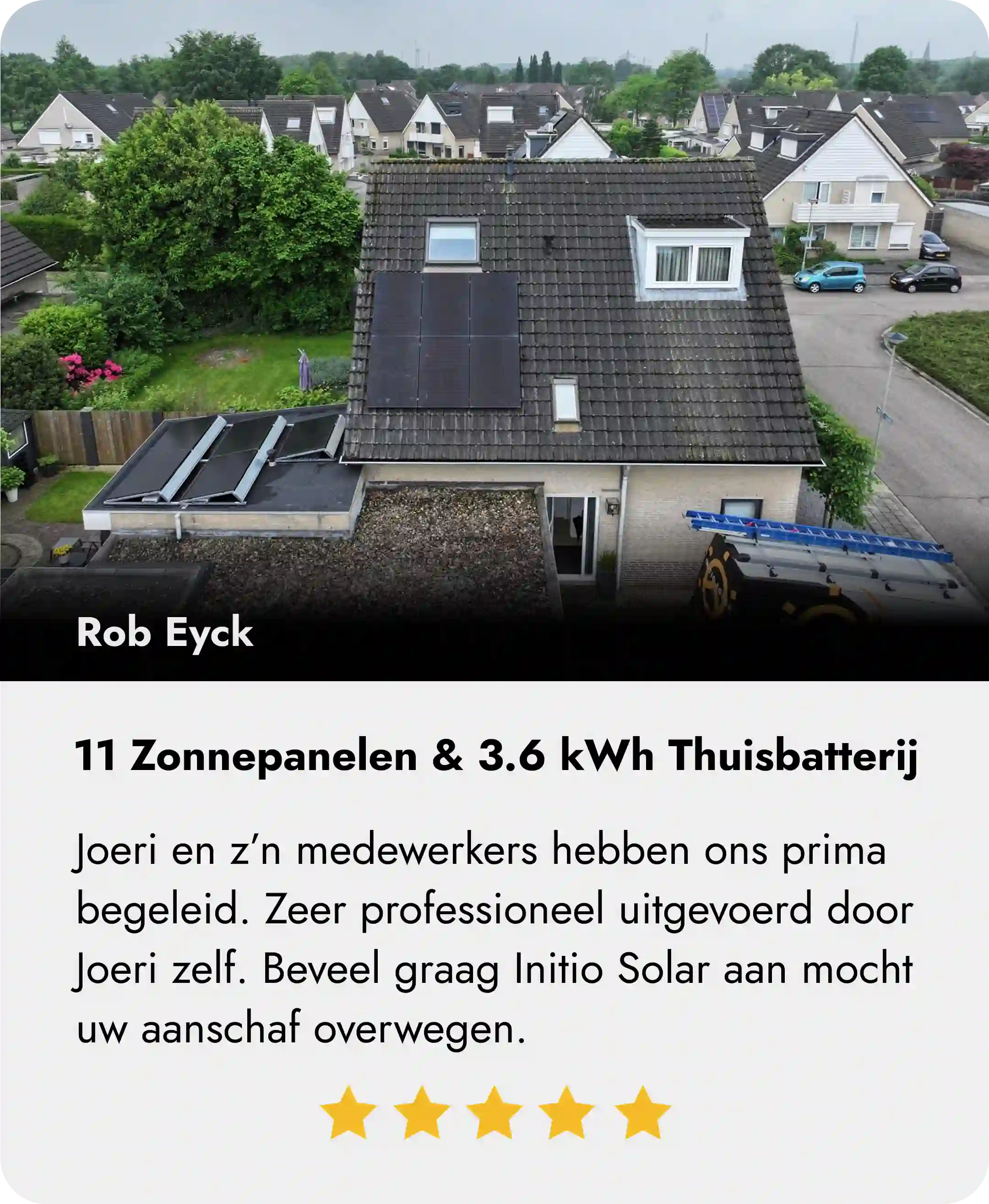 Joeri en z’n medewerkers hebben ons prima begeleid. Zeer professioneel uitgevoerd door Joeri zelf. Beveel graag Initio Solar aan mocht uw aanschaf overwegen.
