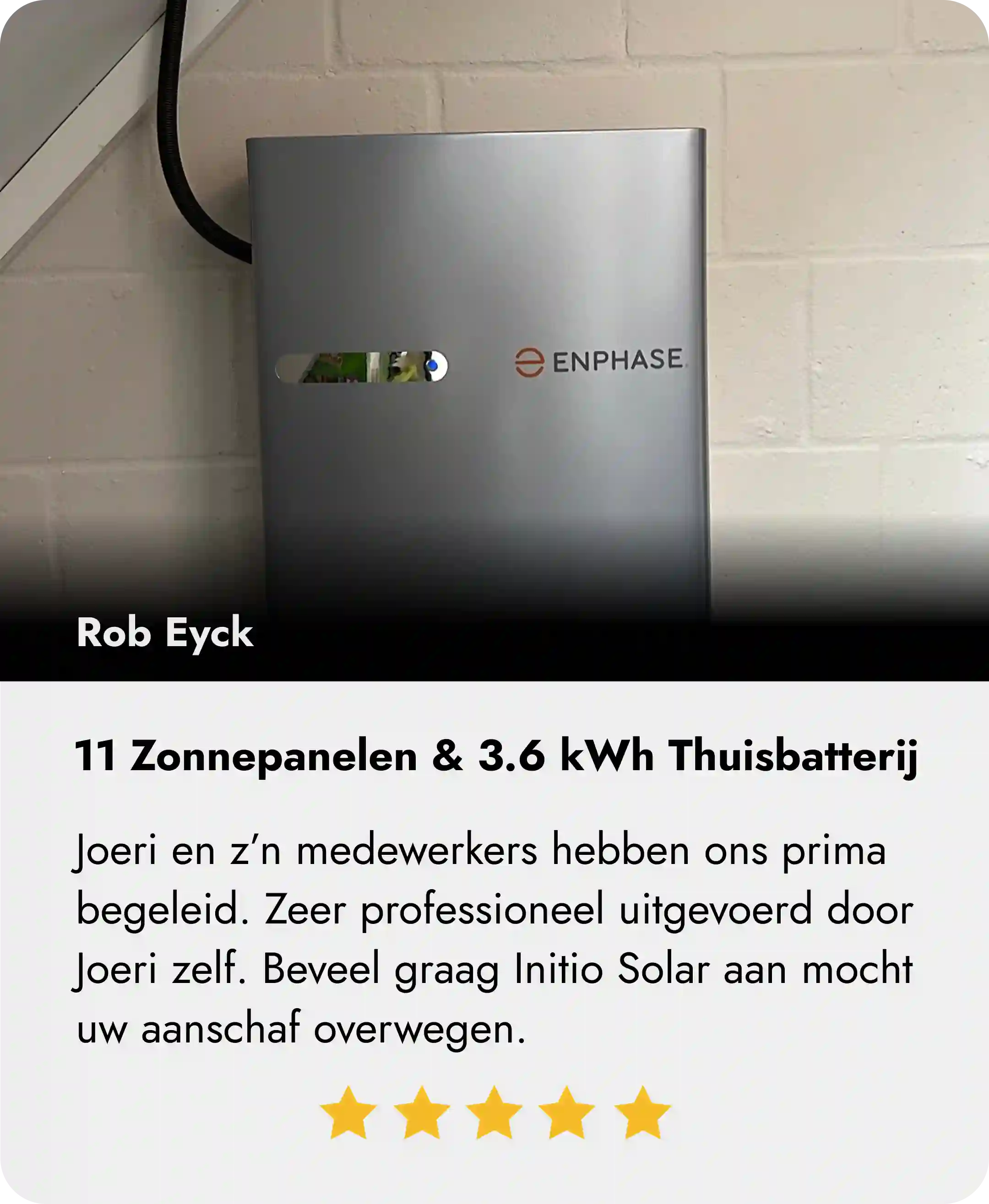 Joeri en z’n medewerkers hebben ons prima begeleid. Zeer professioneel uitgevoerd door Joeri zelf. Beveel graag Initio Solar aan mocht uw aanschaf overwegen.