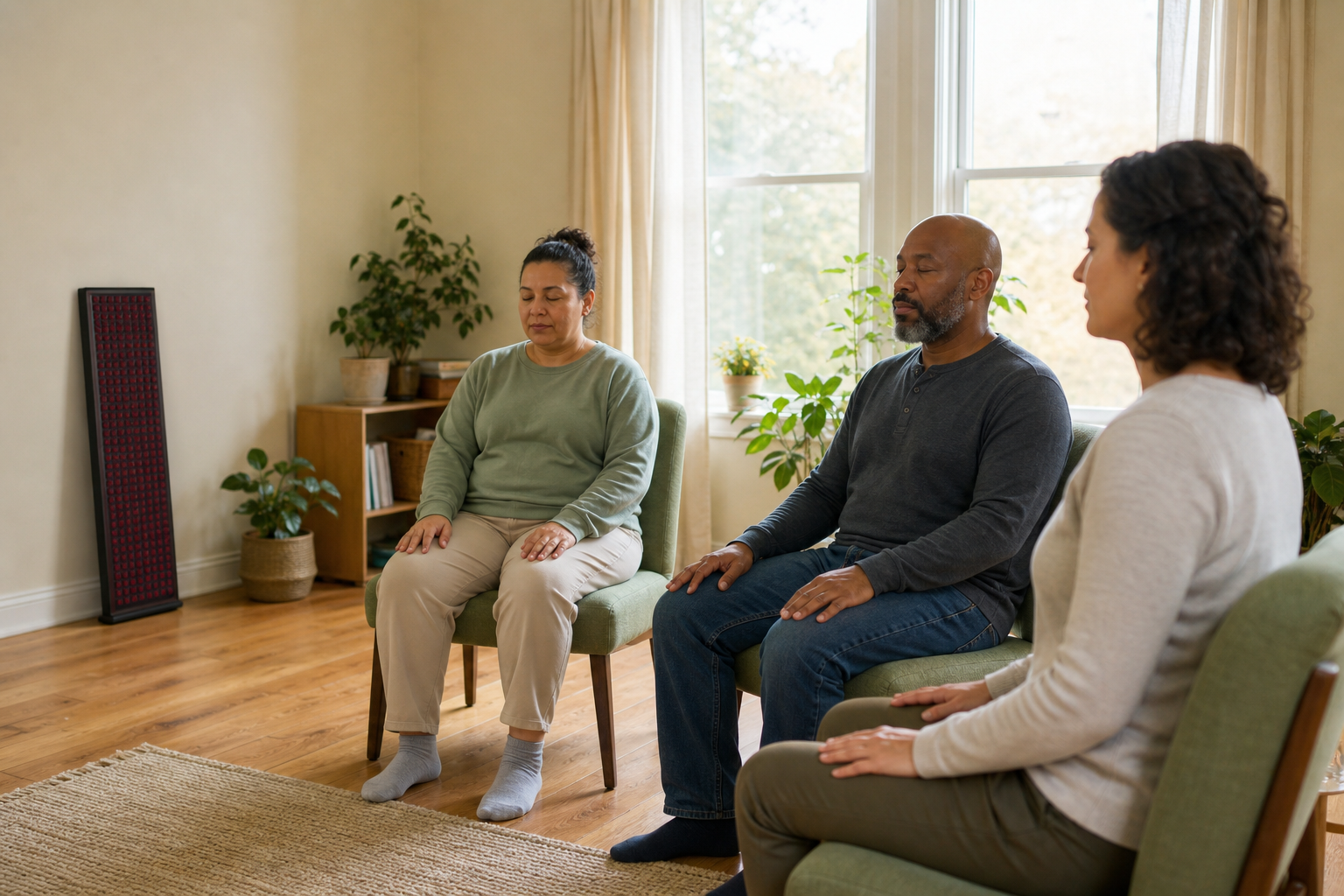 Residents in a red-light meditation session