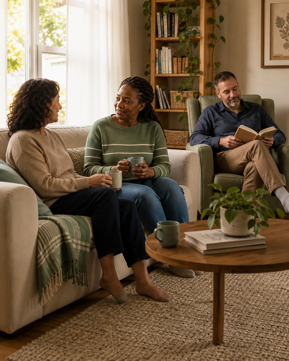 Residents relaxing and talking together in a living room