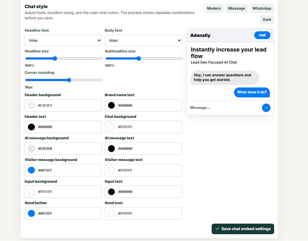 Adonally Chat embed styling controls
