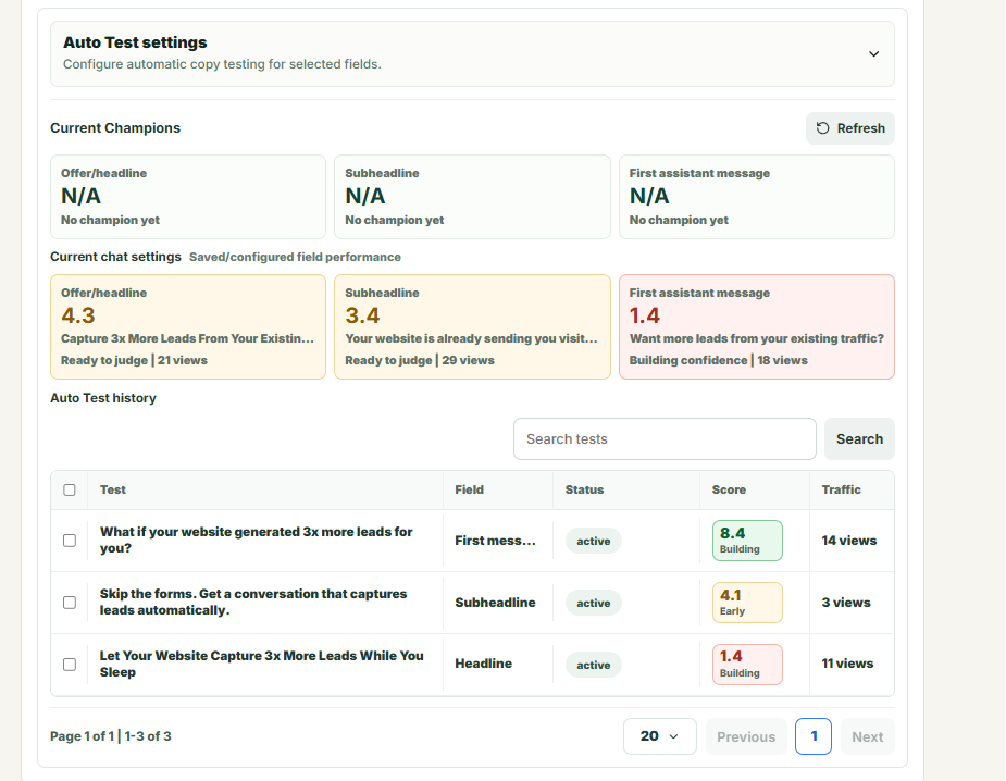 Adonally Chat auto test settings